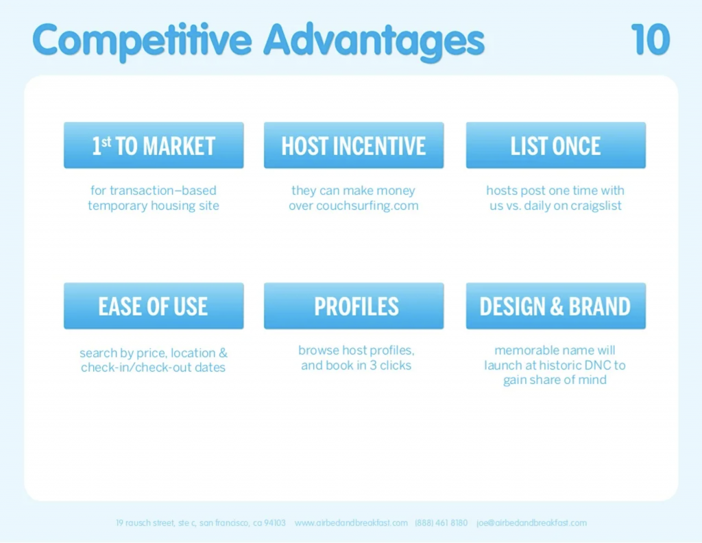 Airbnb pitch deck: Competitive Advantages slide